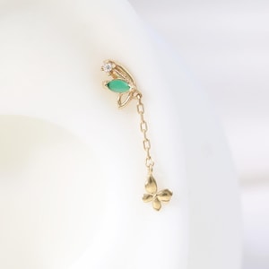 14K Solid Gold Butterfly Moissanite Dangle Chain Stud/Chrysoprase Cartilage Stud/Helix Conch Earring/Flat Back Earring/Drop Gemstone Earring