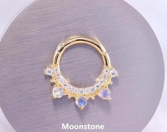 14K Solid Gold Moonstone Septum Ring, Moissanite Daith Hoop