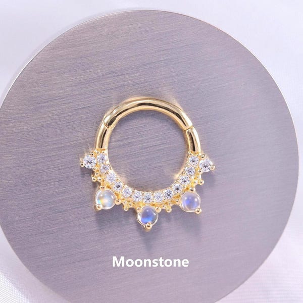 14K Solid Gold Moonstone Septum Ring, Moissanite Daith Hoop