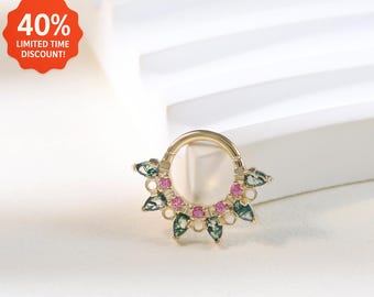 14k Solid Gold Moss Agate Clicker/Pink Sapphire Septum Ring/Conch Cartilage Hoop/Gold Nose Ring/Daith Huggie Ring/Gold Helix Ring 16g