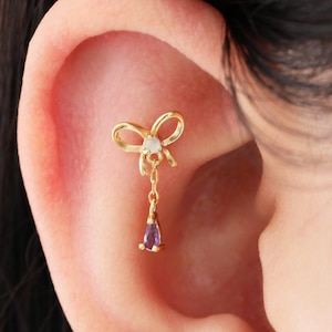 14K Solid Gold Bow-Knot Dangle Amethyst Helix Stud/Moonstone Bow Cartilage Stud/Conch Earring/Flat Back Earring/Drop Gemstone Earring