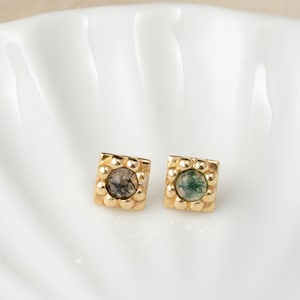 14K Solid Gold Moss Agate Stud Earring/Black Rutilated Quartz Piercing Earring/Flat Push Back Earring/Moss Agate Cartilage Conch Helix Stud