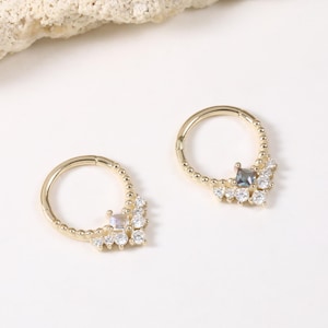 14k Solid Gold Alexandrite Clicker Hoop, Moonstone Septum Cartilage Conch Piercing, Dainty Moissanite Nose Hoop Clicker