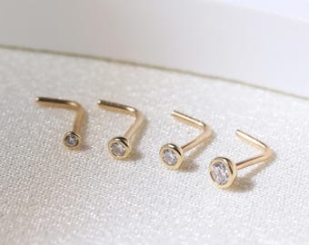 14k Solid Gold Diamond L Shaped Nose Stud/Moissanite Nose Stud/L Shaped Nose Piercing/Gold Nose Ring/Diamond Nose Stud Piercing 20g