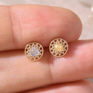 14K Solid Gold Labradorite Astrolabe Shape Earring/Golden Rutilated Quartz Sun Helix Stud/Flat Back Earring/Threadless Stud/Conch Earring