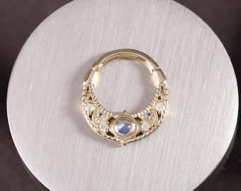 14K Solid Gold Swiss Blue Topaz Septum Hoop/Moissanite Septum Ring/Moonstone Daith Hoop/Conch Cartilage Hoop/Gold Nose Ring/Gift For Her 16g
