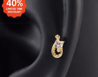 14K Solid Gold Moonstone Cute Cat Stud Earring/Threadless Push Pin /Flat Back Earring/Helix/Tragus/Conch Earring/Dainty Moonstone Piercing