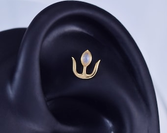 14K Solid Gold Neptune Trident Moonstone Stud Earring/Threadless Trident Cartilage Stud/Flat Back Earring/Helix/Tragus/Conch Moonstone Stud