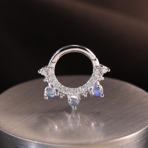 14K Solid White Gold Moonstone Clicker Moissanite Septum Ring Moonstone Cartilage Hoop Gold Nose Ring Moonstone Conch Hoop Daith Huggie Ring