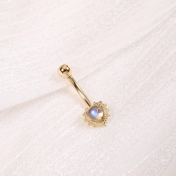14K Solid Gold Heart Shape Moonstone Rook Ring/Dainty Gemstone Curved Bar Navel Jewelry
