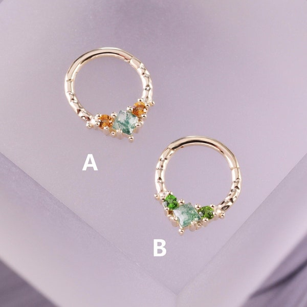 14K Solid Gold Chrom Diopside Diamond Cut Clicker/V-Shape Citrine Septum Ring/Moss Agate Nose Ring/Moss Agate Conch Hoop/Dainty Huggie Ring