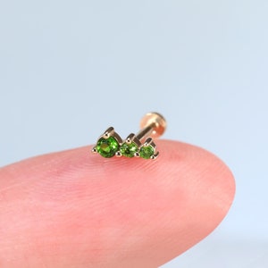 14K Solid Gold Chrome Diopside Ear Climber – Tiny Minimalist Gemstone Threadless Stud for Helix, Conch, Tragus, Cartilage Piercing Jewelry