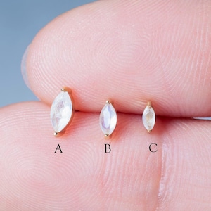 14K Solid Gold Moonstone Marquise Earring/Moonstone Cartilage Helix Stud/Gold Tragus Conch Piercing/Flat Back Earring/Threadless Push Pin