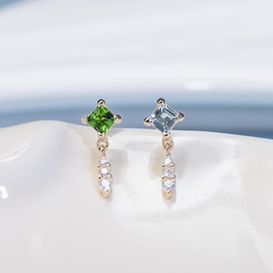 14k Solid Gold Swiss Blue Topaz Dangle Stud/Chrome Diopside Chain Earring/Conch Helix Cartilage Piercing/Gold Moissanite Dangle Earring