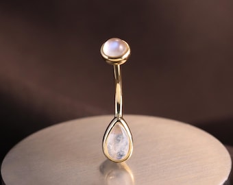 14K Solid Gold Threaded Rook Earring/Moonstone Curved Barbell Earring/Eyebrow Ring/Belly Button Ring/Rook Snug Body Piercing Jewelry 16g 14g