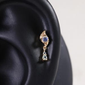 14k Solid Gold Dangle Swiss Blue Topaz Leaf Stud/Moonstone Cartilage Earring/Helix Conch Piercing/Threadless Push Pin/Flat Back Earring