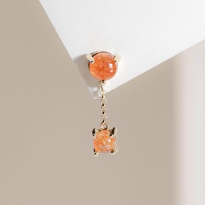 14K Solid Gold Double Sunstone Dangle Stud Earring/Dainty Chain Gemstone Cartilage Stud/Tragus Piercing/Conch Drop Stud/Threadless Push pin