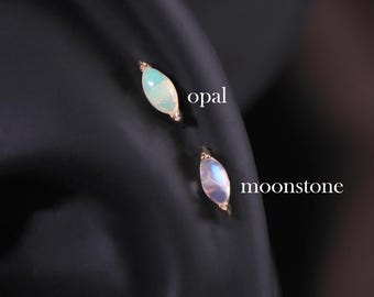 14K Solid Gold Marquise Moonstone Earring/Opal Threadless Push Pin/Moonstone Helix Stud/Opal Conch Tragus Piercing/Moonstone Flat Back Stud