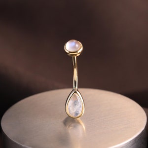 14K Solid Gold Threaded Rook Earring/Moonstone Curved Barbell Earring/Eyebrow Ring/Belly Button Ring/Rook Snug Body Piercing Jewelry 16g 14g