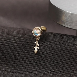 14K Solid Gold Moonstone Dangle Earring/Drop Conch Helix Daith Auricle Earring/Threadless Dangle Cartilage Piercing Stud/Flat Back Earring