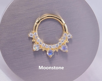 14K Solid Gold Moonstone Clicker/Moissanite Septum Ring/Moonstone Cartilage Hoop/Moissanite Nose Ring/Moonstone Conch Hoop/Daith Huggie Ring