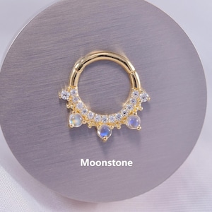 14K Solid Gold Moonstone Clicker/Moissanite Septum Ring/Moonstone Cartilage Hoop/Moissanite Nose Ring/Moonstone Conch Hoop/Daith Huggie Ring