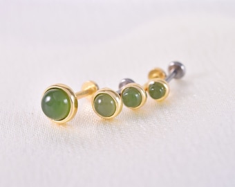 14K Solid Gold Green Jade Threadless Push Pin Stud Earring Dainty Round Jasper Cartilage Helix Stud Conch Jade Stud Flat Back Earring 20g