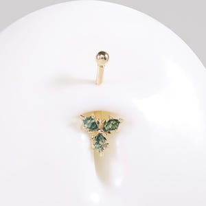 14K Solid Gold Shamrock Moss Agate Belly Ring • Curved Barbell Piercing for Conch Snug Stud• Lucky Leaf Body Jewelry 14g
