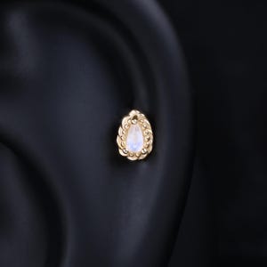14K Solid Gold Teardrop Moonstone Helix Stud, Pear Cartilage Threadless Flat Back, Beaded Tragus Stud Earring, Pattern Conch Lobe Piercing