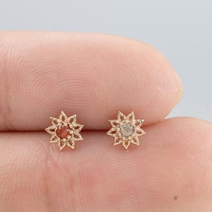 14K Solid Gold Labradorite Floral Stud Earring/Garnet Rose Cut Bezel Stud/Threadless Conch Helix Earlobe Cartilage Piercing/Flat Back Stud