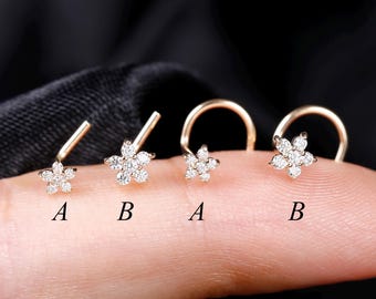 14K Solid Gold Floral Moissanite L-Bend Nose Pin, Delicate Blossom S Shape Nose Piercing, Minimalist Flower Screw Nose Stud, Gift for Her