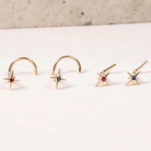 14K Solid Gold Starburst Ruby L-Bend Nose Pin, Dainty Blue Sapphire Screw Nose Stud, Star S Shape Nose Stud