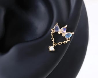 14K Solid Gold Moonstone Chain Stud/Moissanite Crown Cartilage Helix Lobe Piercing Earring/Dainty Gold Drop Stud/Dangle Chain Jewelry