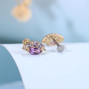 14K Solid Gold Amethyst Marquise Stud/Tanzanite Threadless Earring/Conch Helix Tragus Cartilage Earring/Gemstone Piercing/Moissanite Stud