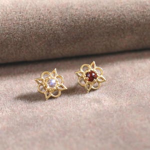 14k Solid Gold Floral Garnet Piercing Stud/Labradorite Cartilage Earring/Conch Rose Cut Stud/Threadless Earlobe Stud/Flat Back Earring