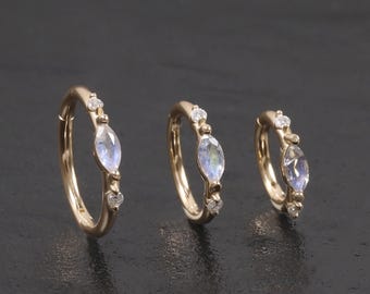 14K Solid Gold Labradorite Helix Hinged Hoop, Dainty Moissanite Cartilage Segment Huggie Ring, Minimalist Earlobe Daith Nose Clicker