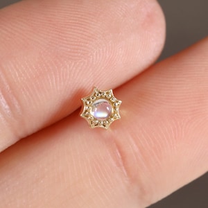 14K Solid Gold Moonstone Floral Earring/Conch Helix Tragus Cartilage Piercing/Threadless Push Pin/Flat Push Back/Dainty Gemstone Stud