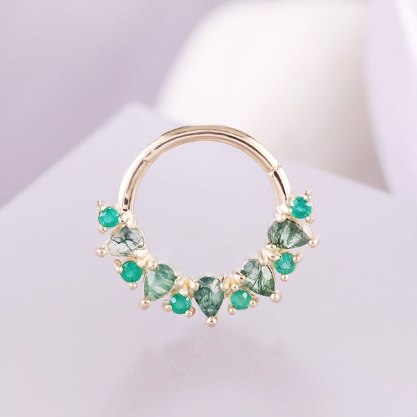 14K Solid Gold Moss Agate Daith Piercing Jewelry/ Chrysoprase Hinged Ring/16g Nose Septum Ring/Green Stone Hoop Earring/Gold Helix Clicker