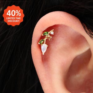 14K Solid Gold Moonstone Leaf Earrings/Diopside Gemstone Stud/Citrine and Moissanite Earring/Leaf Helix Threadless Stud/Flat Back Earring
