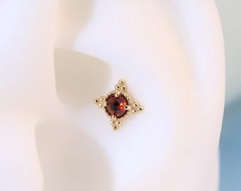14K Solid Gold Rose Cut Garnet Star Stud Earring/Threadless Push Pin/Tiny Garnet Conch Helix Stud/Cartilage Piercing/Flat Back Earring