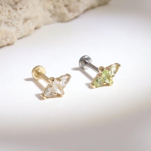 14k Solid Gold Labradorite Spacecraft Stud/Peridot Cartilage Piercing/Threadless Earlobe Conch Helix Earring/Flat Back Earring/Nose Stud