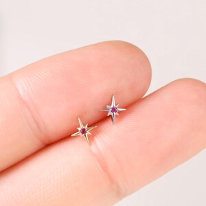 14k Solid Gold Ruby Star Cartilage Stud/Tiny Earlobe Conch Helix Tragus Piercing/Threadless Nose Stud/Flat Back Earring/Summer Beach Jewelry