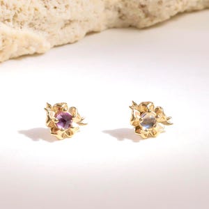 14k Solid Gold Moonstone Floral Earring/Rose Cut Amethyst Piercing Stud/Gold Cartilage Conch Helix Tragus Stud/Threadless Push Pin/Nose Stud