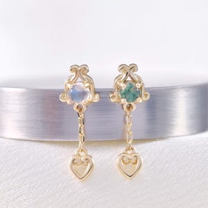 14K Solid Gold Heart Shape Dangle Chain Stud/Moonstone Earring/Conch Helix Cartilage Piercing/Dainty Moss Agate Stud/Threadless Push Pin