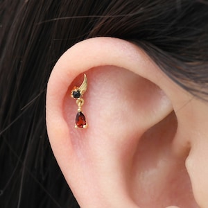 14K Solid Gold Single Wing Dangle Black Agate Helix Stud/Red Garnet Cartilage Stud/Conch Earring/Flat Back Earring/Drop Gemstone Earring