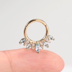 14K Solid Gold Swiss Blue Topaz Clicker/Moissanite Septum Ring/Moissanite Conch Cartilage Hoop/Gold Nose Ring/Daith Huggie Ring Clicker