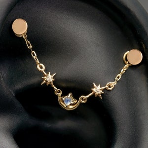 14K Solid Gold Star Moonstone Chain Attachment/Moissanite Gold Chain Piercing/Linking Chain Connector/Gemstone Loop Charm/Cartilage Charm