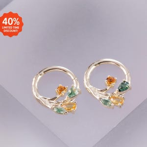 14K Solid Gold Moss Agate Cartilage Clicker/Multi Gem Leaf Shape Septum Ring/Moss Agate Nose Ring/Citrine Conch Hoop/Daith Huggie Ring