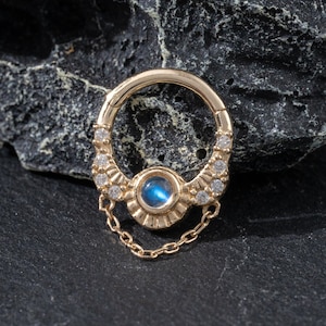 14k Solid Gold Moonstone Chain Clicker/Moissanite Septum Ring/Moonstone Cartilage Conch Hoop/Moissanite Nose Ring/Daith Huggie Ring 16g