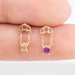 14k Solid Gold Hot Air Balloon Amethyst Dangle Earring/Peridot Chain Stud/Threadless Conch Helix Earlobe Drop Piercing/Flat Back Earring